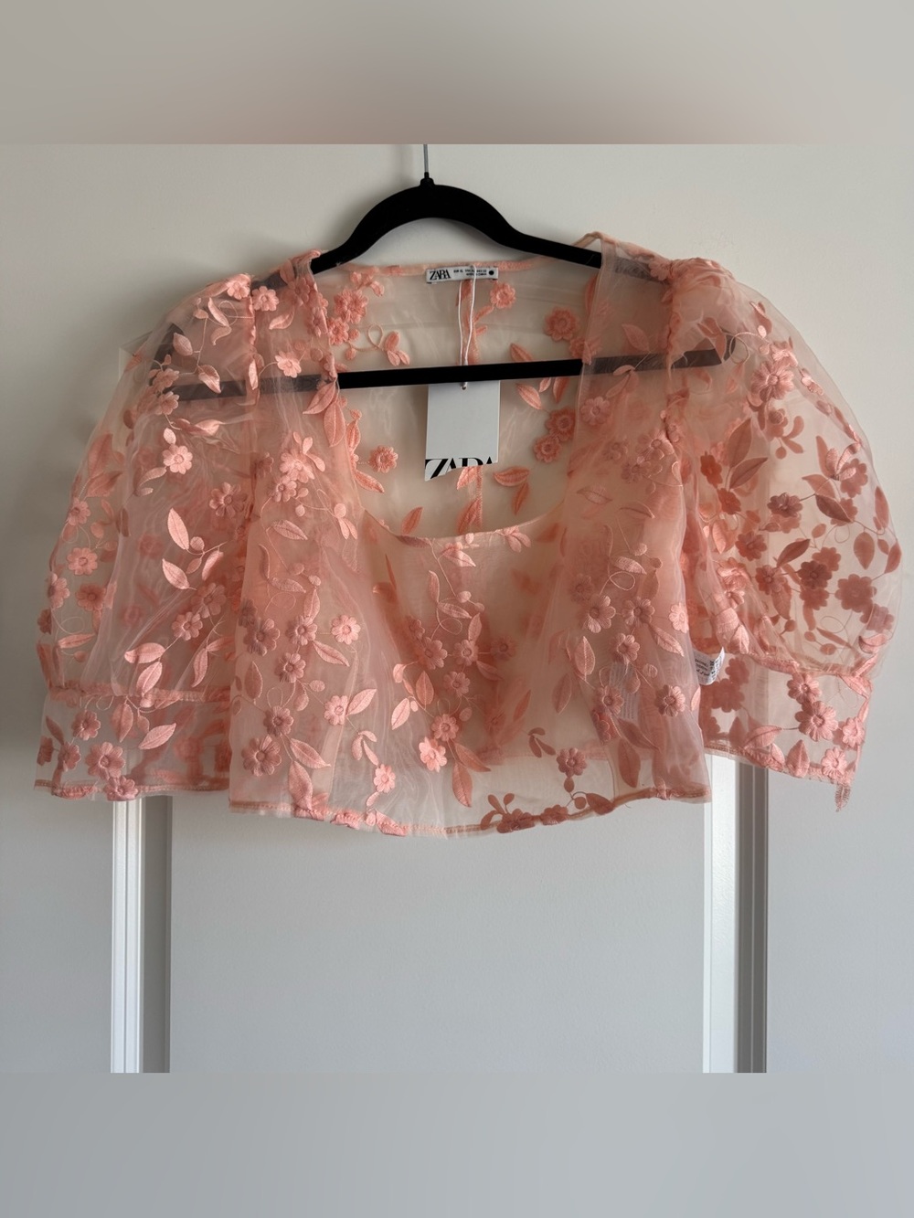 NWT Zara Blush Pink Floral Embroidered Sheer Crop Top